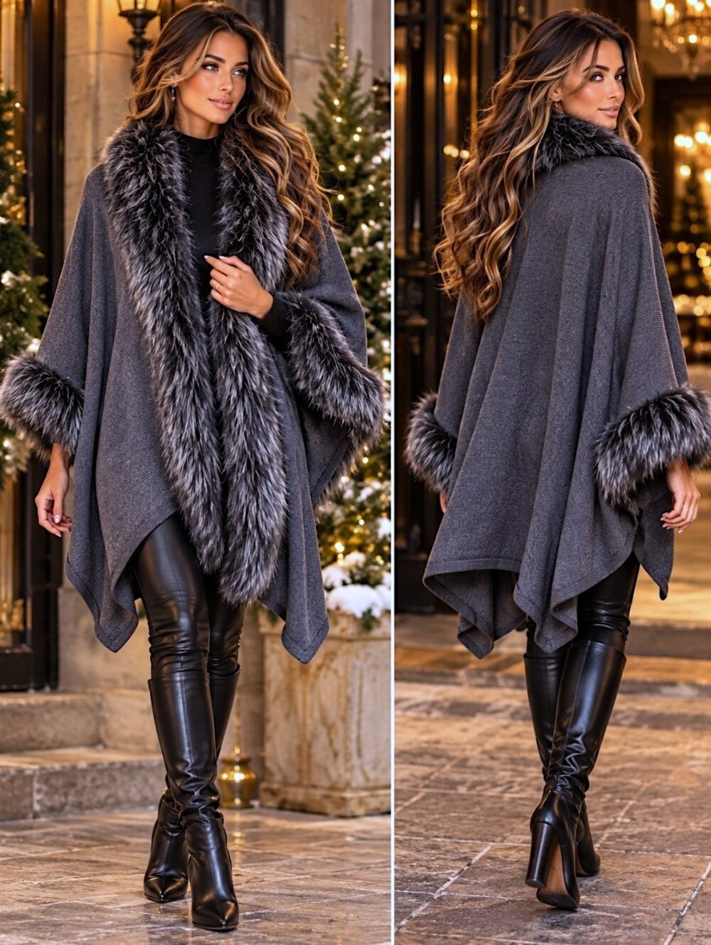 Dolce Cabo Mob Wife Faux Fur Poncho Cape Gray S M Glam Après Ski Old Money Luxe